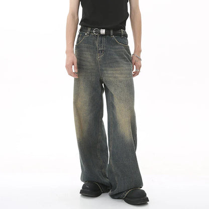 IEFB Men’s Summer Denim Jeans – Washed Blue Straight Loose Wide-Leg Casual Pants