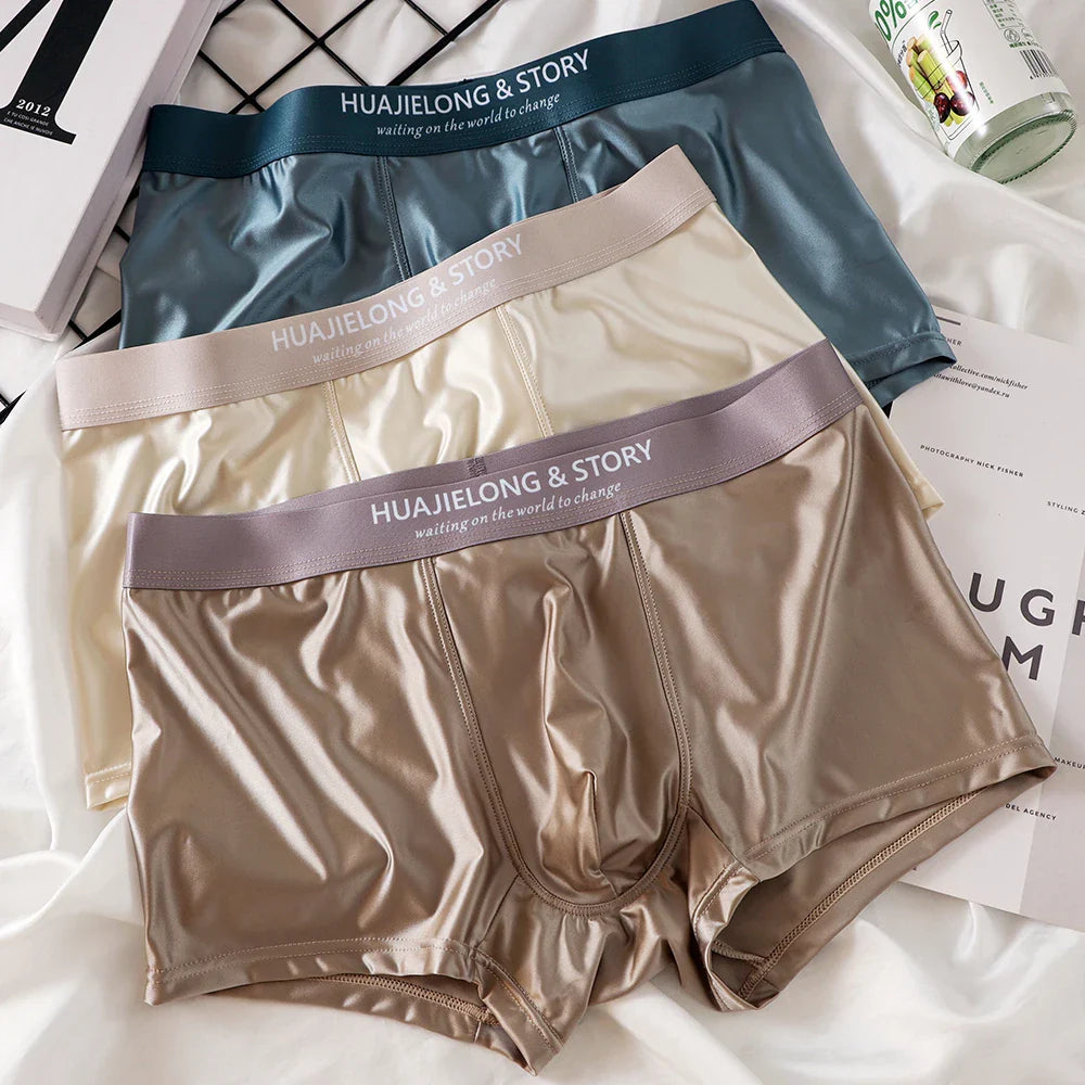 3PCS Luxury Ice Silk Satin Boxers — Summer Smooth, Cool Solid Men’s Underwear with Breathable Mesh Crotch