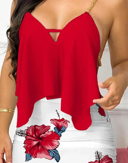 Women’s Summer 2024 Floral Mini Dress – Asymmetrical Chain Strap, Sexy Backless V-Neck Sleeveless Bodycon Dress Set