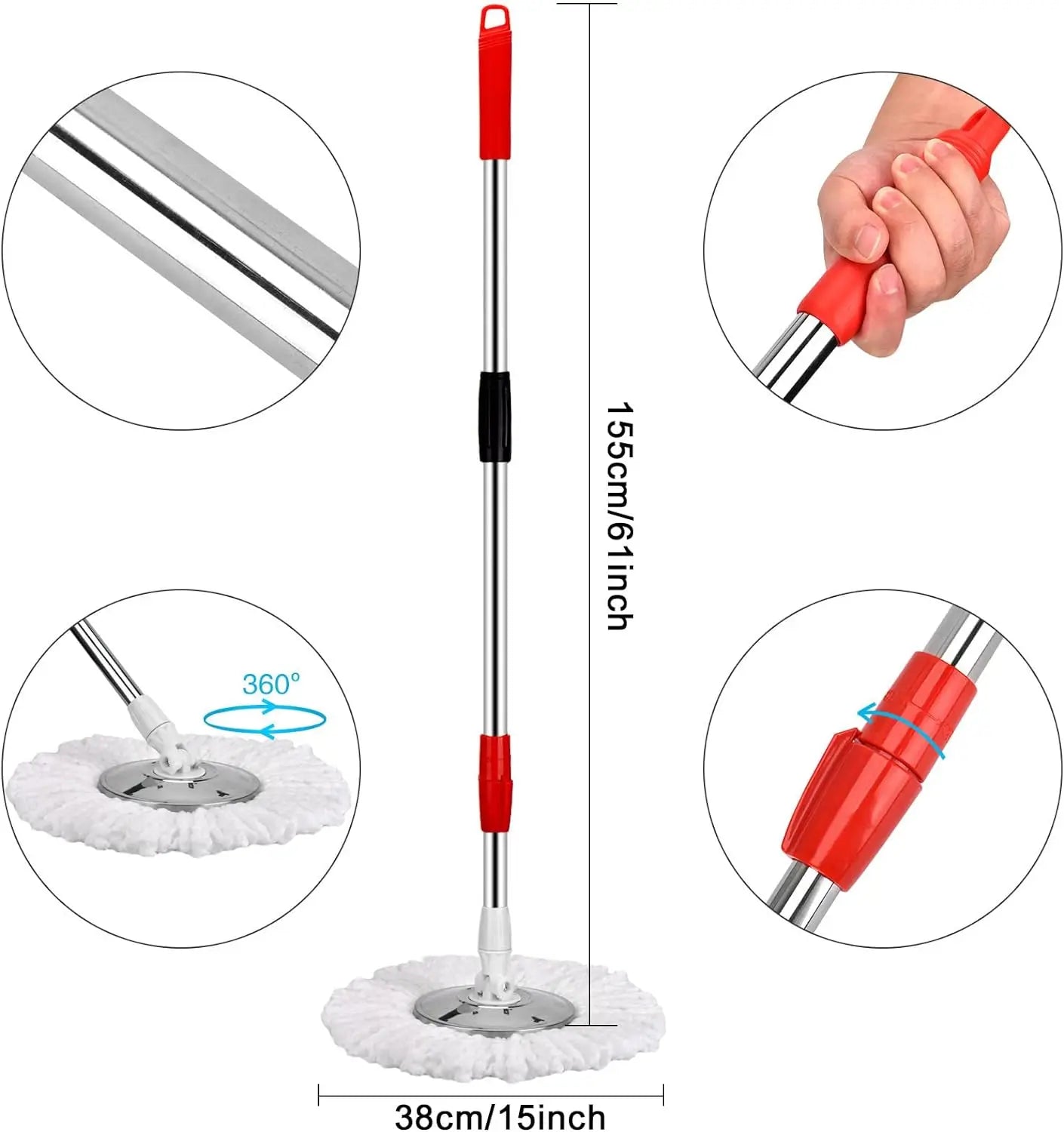 360° Spin Mop Bucket Set – Wring System with 3 Microfiber Heads, Stainless Steel Basket & 61" Extended Handle for Floor Cleaning