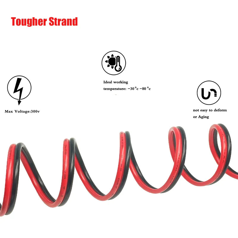 2-Pin Red & Black Extension Cable – PVC/Silicone Tinned Copper Wire (16–28 AWG)