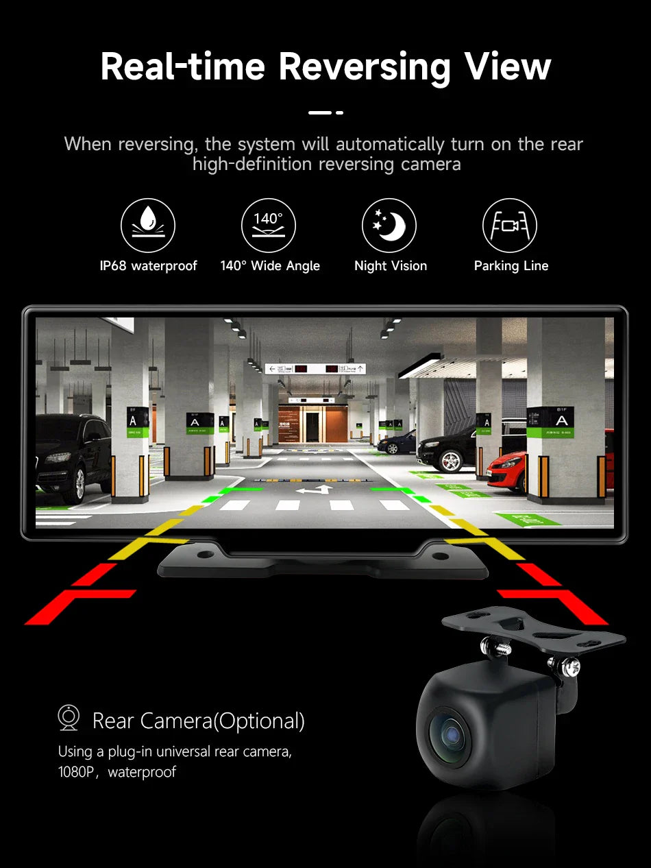 10.26'' 4K Car DVR Dashcam with CarPlay, Android Auto, Dual Lens Front 4K + Rear 1080P, Voice Control, GPS, BT, FM