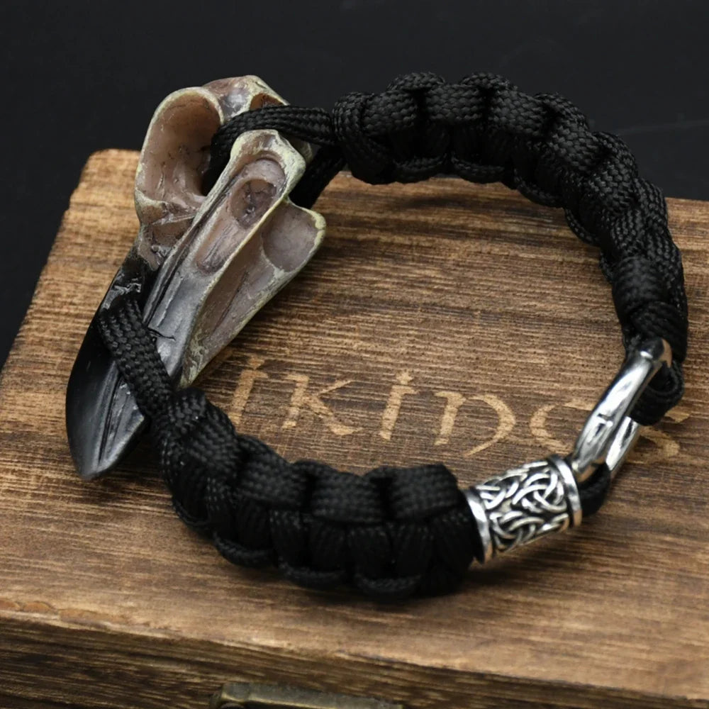 Odin Crow Skeleton Viking Bracelet - Norse Rune Bead Paracord Rope Valknut Eagle Pendant Amulet Jewelry Gift