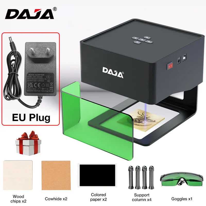 DAJA DJ6 Mini Portable Laser Engraver – DIY Bluetooth CNC Engraving Machine for Wood, Leather, Plastic, Paper & Metal Dog Tags, Logo Printing Tool
