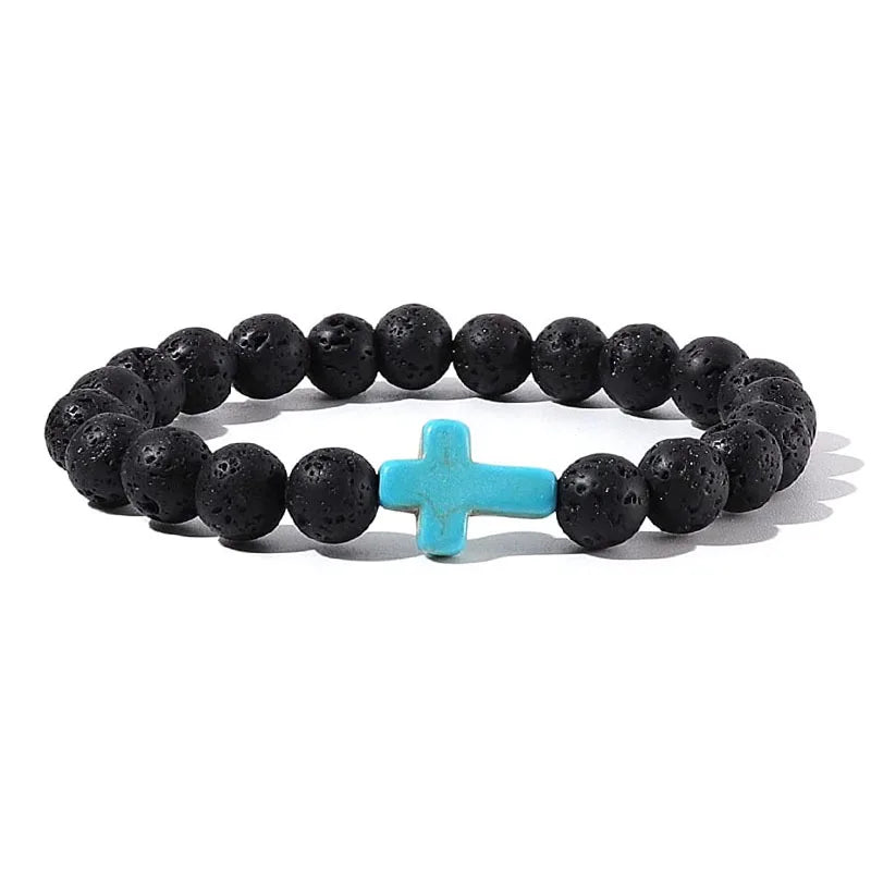 Natural Stone & Wood Bead Rosary Bracelet - Hematite Cross Meditation & Yoga Jewelry for Men & Women