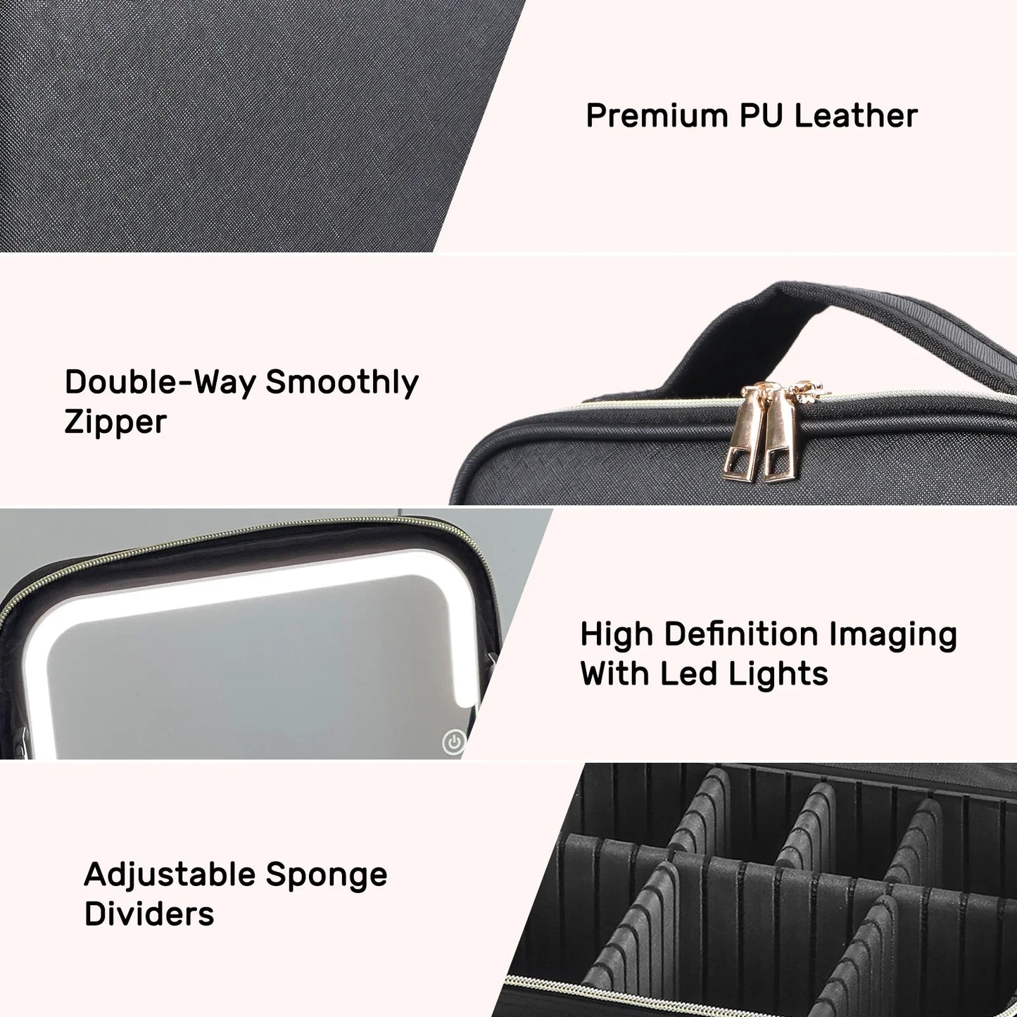Travel Makeup Bag with LED Mirror — Makeup Train Case with Adjustable Dividers for Home, Gift & Vacation