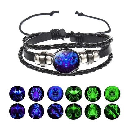 Men’s Zodiac Sign Leather Bracelet | 12 Constellation Black Braided Wrap | Punk Style Multilayer Bracelet for Birthday Gifts