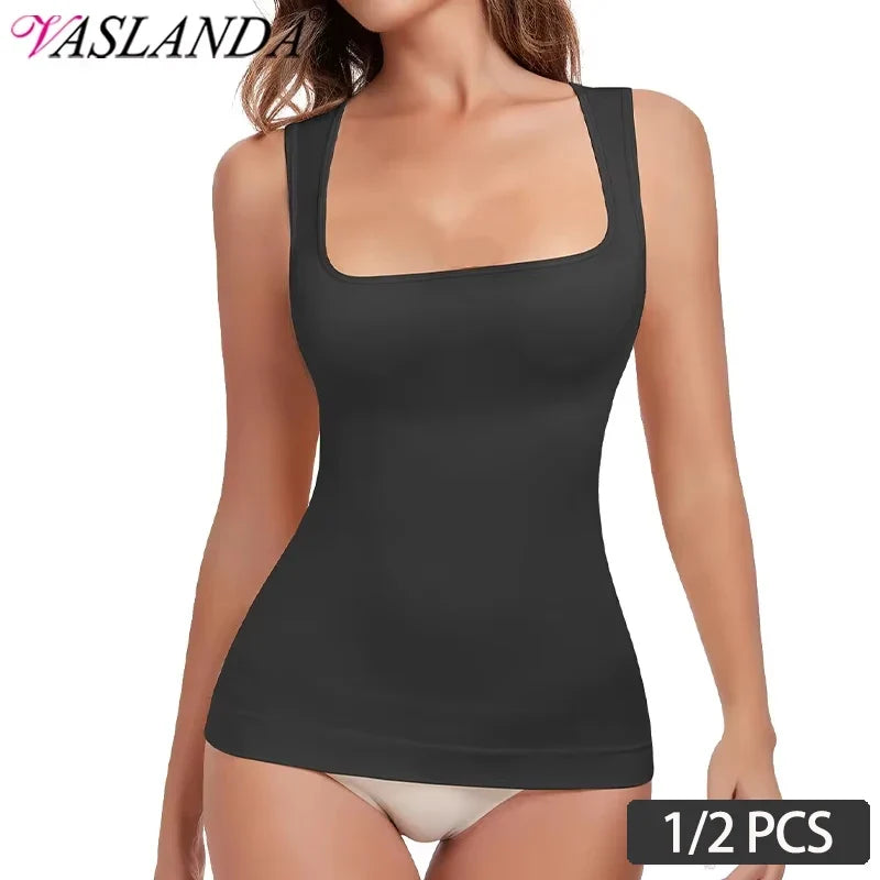 Women's Tummy Control Shapewear Tank Top - Seamless Square Neck Compression Cami (1 or 2 Pack)