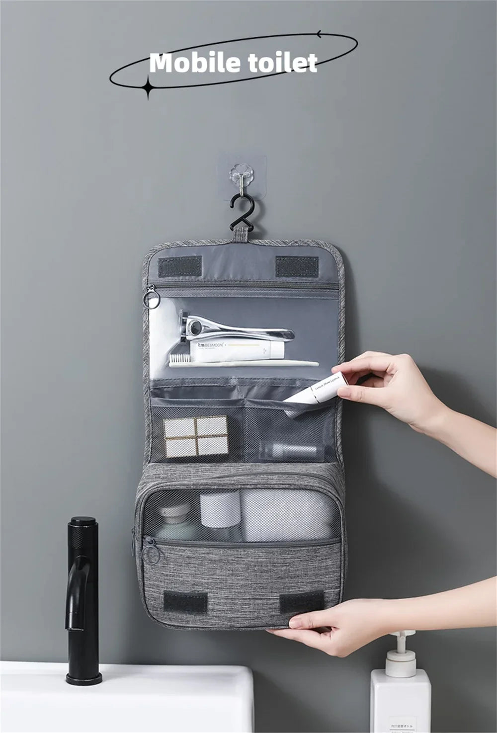 Portable Toiletry Washbag with Hanging Hook | Waterproof Cosmetic Storage Bag for Travel, Men & Women