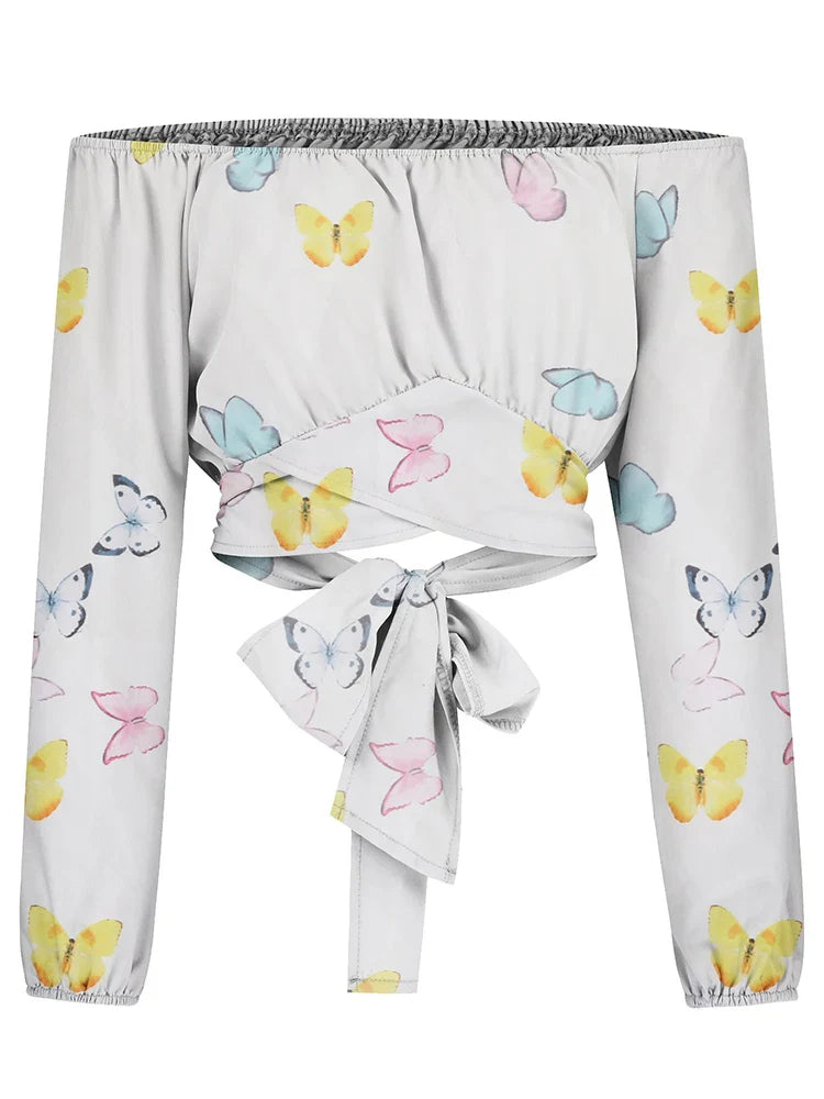 Boho Print Blouse: Women's Elegant Casual Off-Shoulder Slim Shirt - Long Lantern Sleeve Chic Cropped Top for Summer Tunics