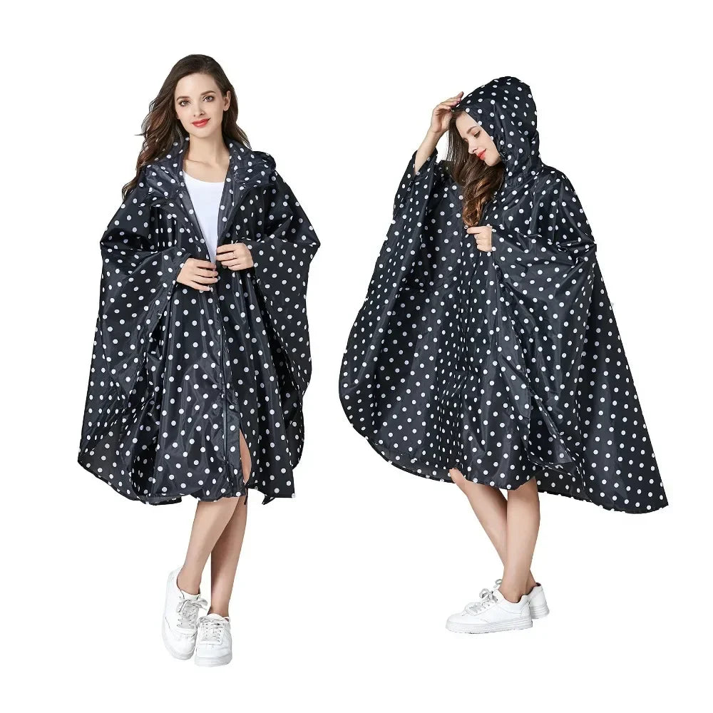 Women's Fashionable Waterproof Rain Poncho - Colorful Print, Hooded with Zipper, Stylish Raincoat
