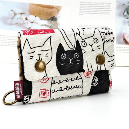 Women’s Canvas Cartoon Card Wallet – Foldable Key Organizer & Coin Purse, Small Pouch Money Bag for Girls 2024