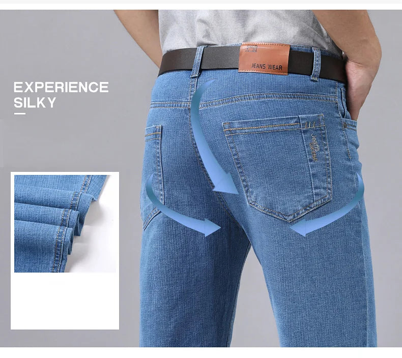 Men’s Casual Comfortable Jeans – Straight Loose Fit High Waist Elastic Trousers for All Seasons & Office Wear