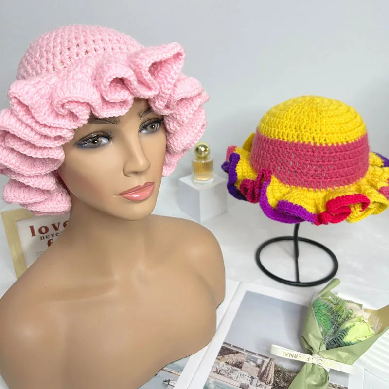 Handmade Crochet Conical Bucket Hat – Ruffled Brim Fisherman Hat for Women, Stylish Sun Protection Cap
