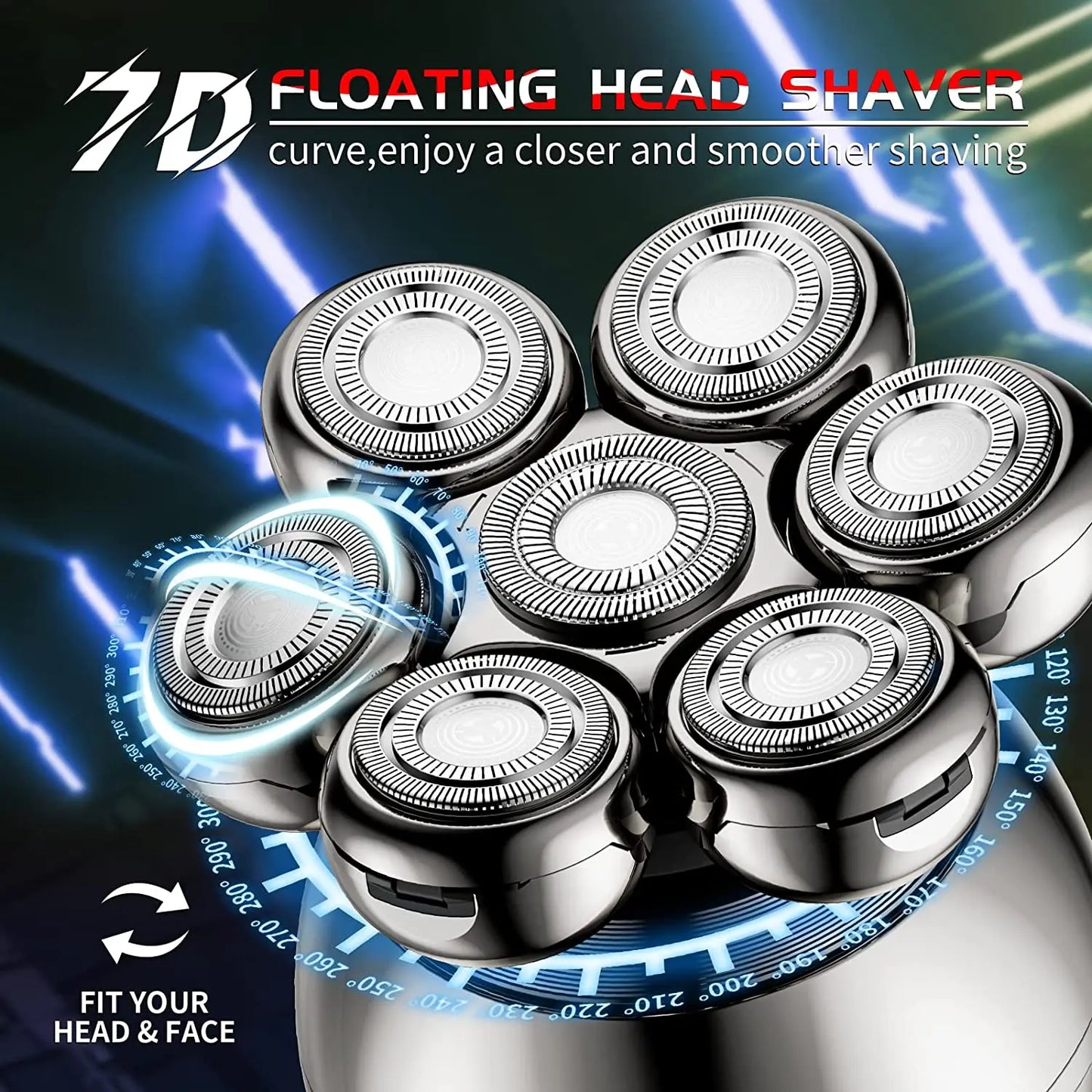 7D Floating Cutter Head Electric Shaver - Portable Men's Beard Trimmer and Clipper with Base Charging - Skull Shaver for Waterproof Shaving