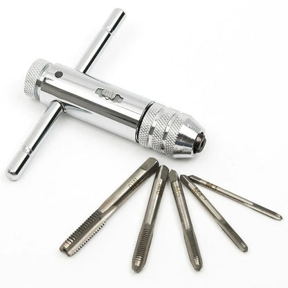 Adjustable Silver T-Handle Ratchet Tap Holder Wrench – 5pcs M3-M8 Machine Screw Thread Metric T-shaped Tap
