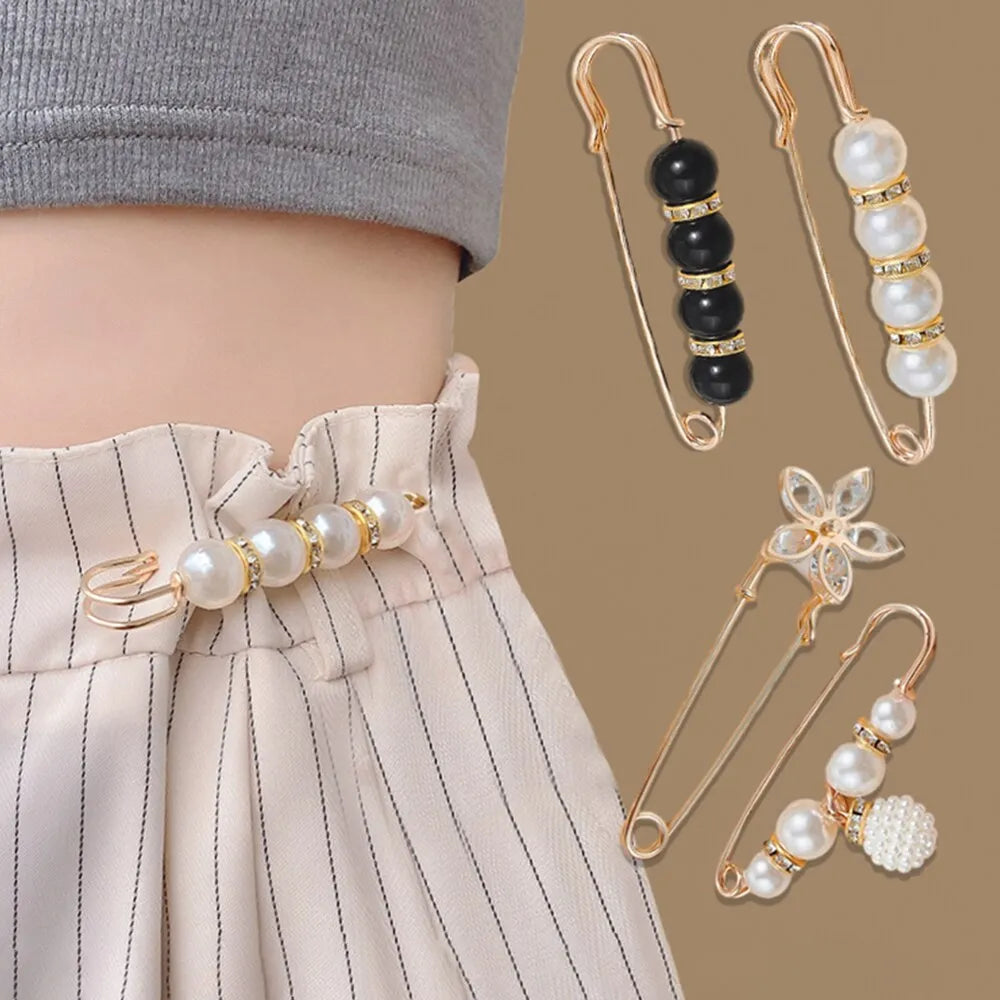 4PCS Uniform Clothing Extended Buckle: Waist Adjustment Buckle with Pearl Brooch - Fashion Decorative Accessory