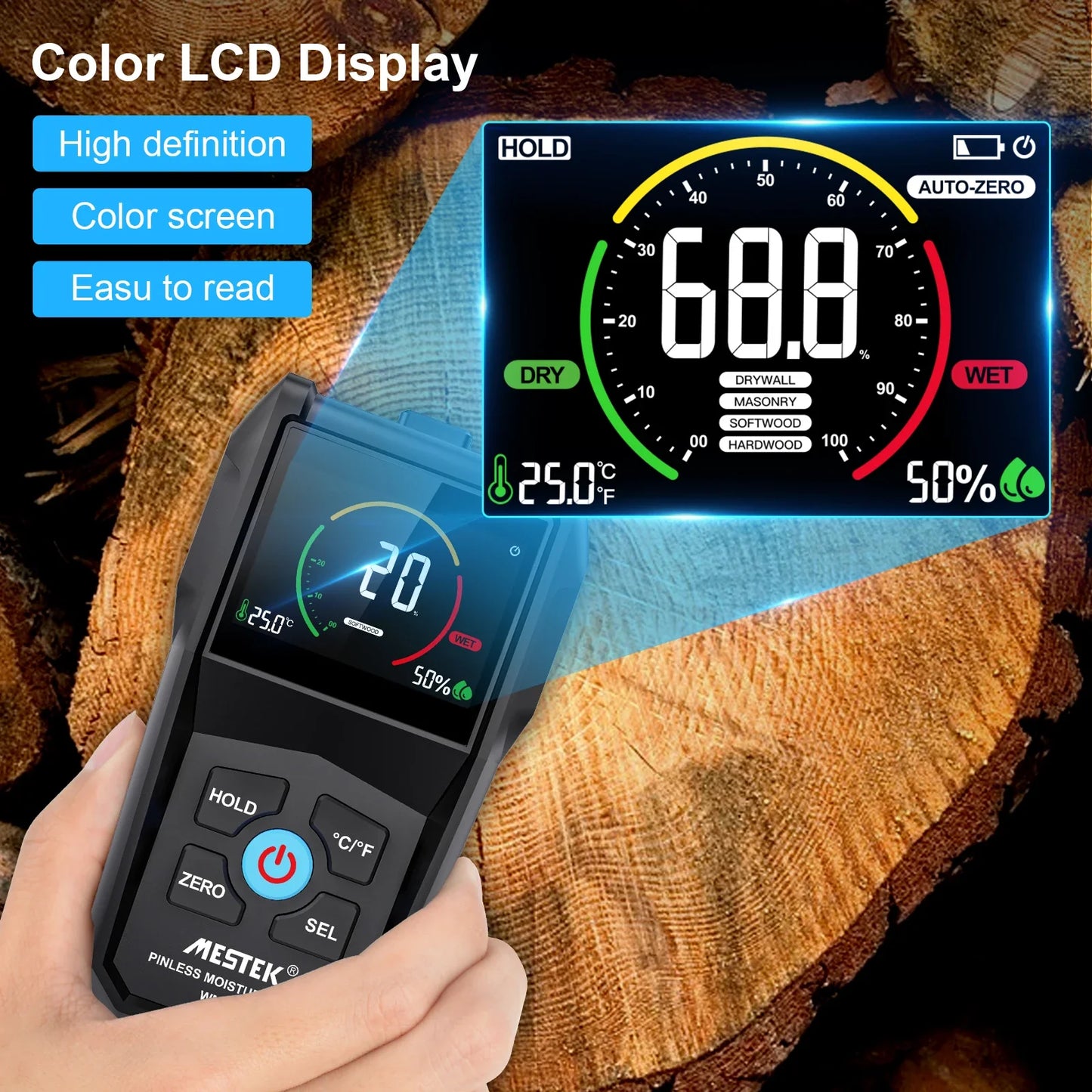 Non-Contact Wood Moisture Meter | Digital Electromagnetic Timber Humidity Tester with Color Screen