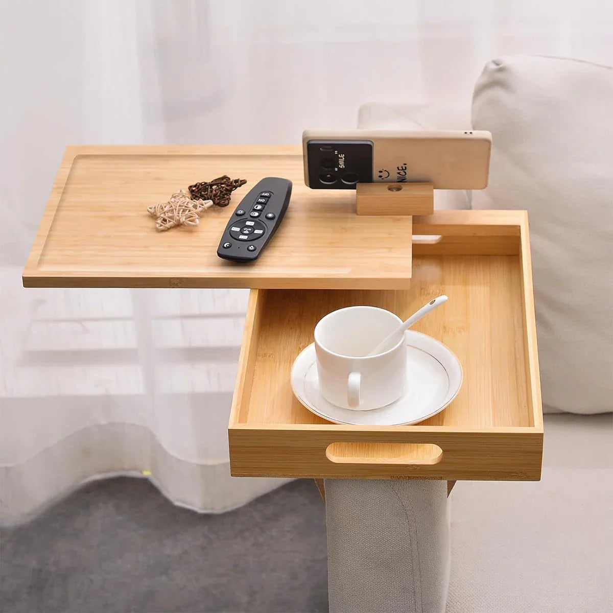 Sofa Armrest Tray with Storage Box – Bamboo Couch Arm Table with 360° Rotating Top & Phone Stand