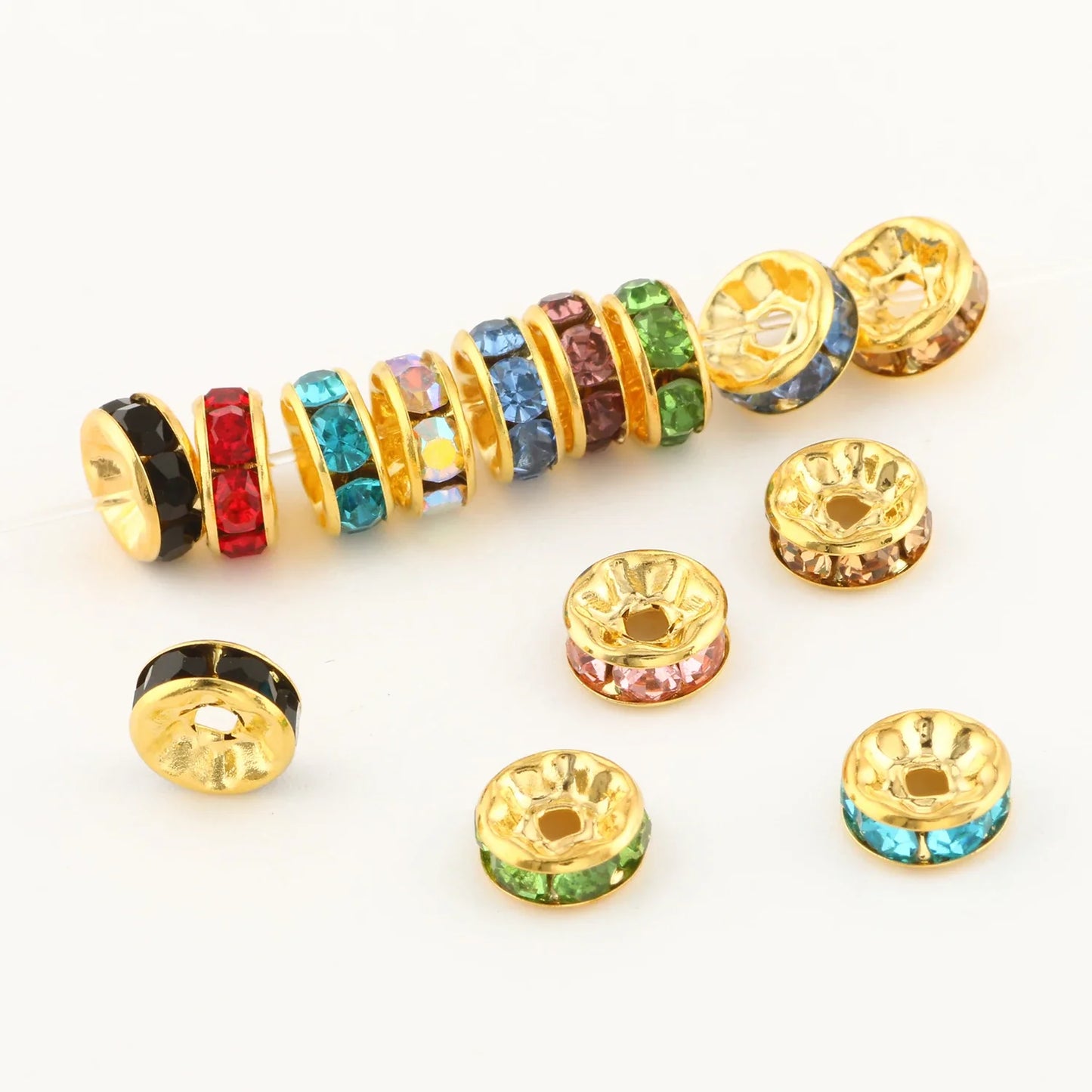 50PCS Rhinestone Spacer Beads Set – Multi-Color Crystal Rondelle Metal Beads for DIY Jewelry & Bracelet Making