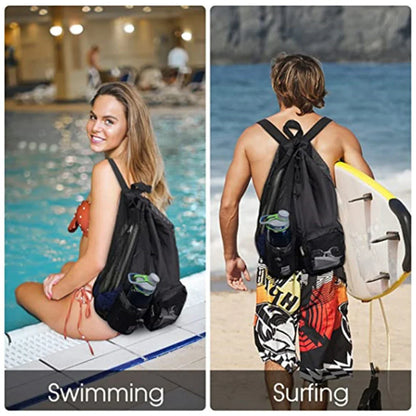 Swim Bag Mesh Drawstring Backpack - Multipurpose Lightweight Beach Bag with Wet Pocket for Swimming, Gym, and Workout Gear