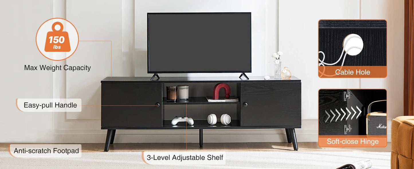 Wooden Fireplace TV Stand for 60 Inch TV – Living Room Entertainment Center with Adjustable Shelf & 2 Storage Cabinets