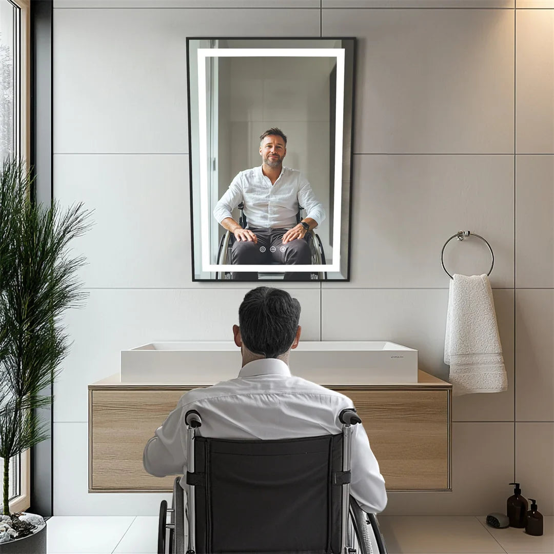 LUVODI LED Tilt Bathroom Mirror – Wheelchair Accessible Anti-Fog Barrier-Free Mirror with 3-Color Lights