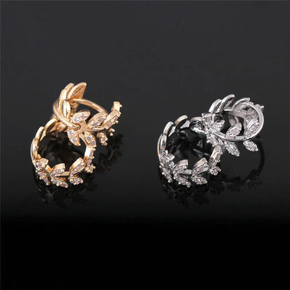 Delicate Leaf Earrings with Shiny CZ – Silver & Gold Color Fashion Hoop Earrings, 2024 Jewelry Gift for Women & Girls