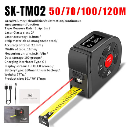 3-in-1 120M Laser Rangefinder Tape Measure – LCD Backlight Digital Distance Meter Ruler for Construction & Building Measurement