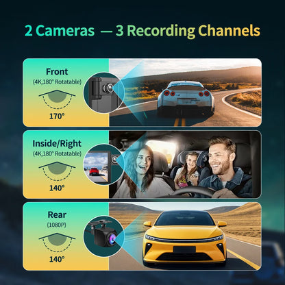 11.3" Imagebon H50 Dash Cam 4K - ADAS, Wireless CarPlay & Android Auto, 3-Channel Recording, Time Lapse & 24H Park Monitor
