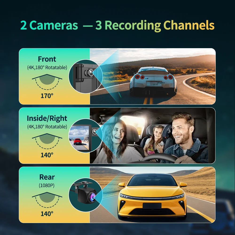 11.3" Imagebon H50 Dash Cam — 4K, 3-Channel, ADAS, Wireless CarPlay & Android Auto, Time-Lapse & 24H Parking Monitor Black Box