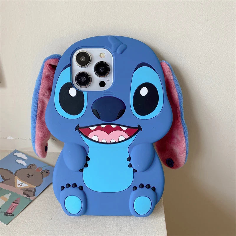 3D Stitch Plush Phone Case — Soft Silicone Cartoon Cover with Ear Strap for iPhone 11-16 Pro Max