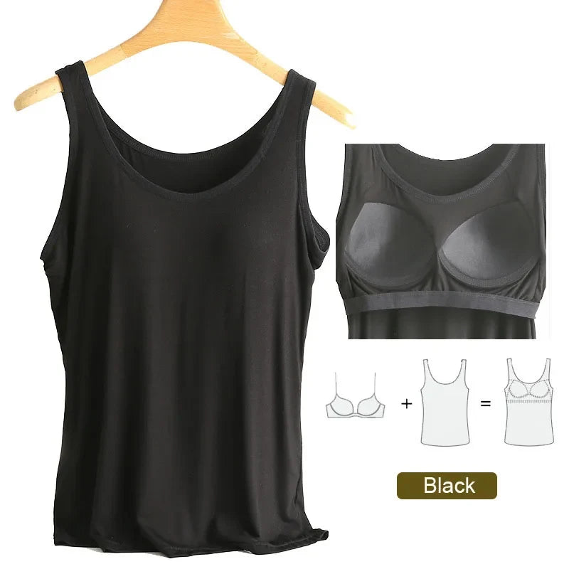 Women’s Modal Plus Size Tank Top - Soft Built-In Chest Pad Camisole with Comfortable Integrated Wear-Free Support