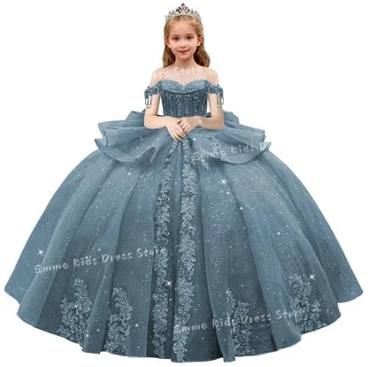 Lace Flower Girl Dress - 3D Floral Appliqué, Beading & Long Bow Ball Gown