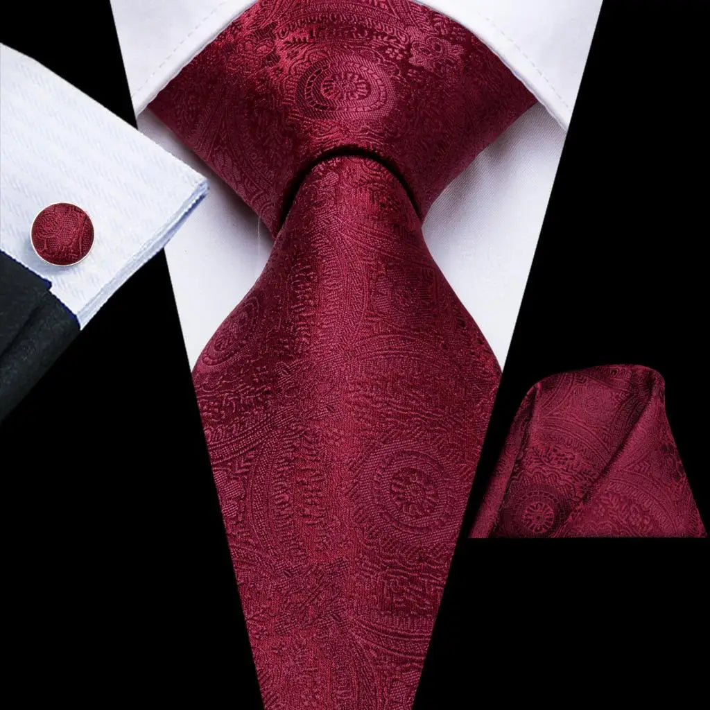 Hi-Tie Red Burgundy Plaid Silk Tie Set — Designer Men’s Necktie with Handkerchief & Cufflinks for Wedding or Business