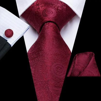Hi-Tie Red Burgundy Plaid Silk Tie Set — Designer Men’s Necktie with Handkerchief & Cufflinks for Wedding or Business
