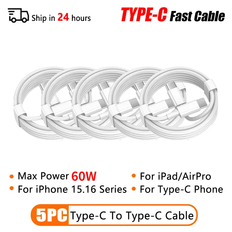PD 60W USB-C to USB-C Fast Charging Cable – 2M Power Delivery Cord for iPhone 6-16 Series, iPad & USB-A Devices