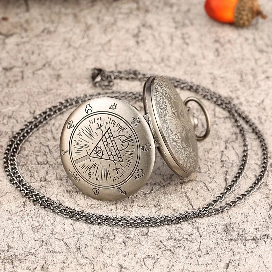 Eye of Providence Triangle Devil Quartz Pocket Watch - Gravity Bill Cipher Fall Time Gem Necklace Pendant Clock Gift