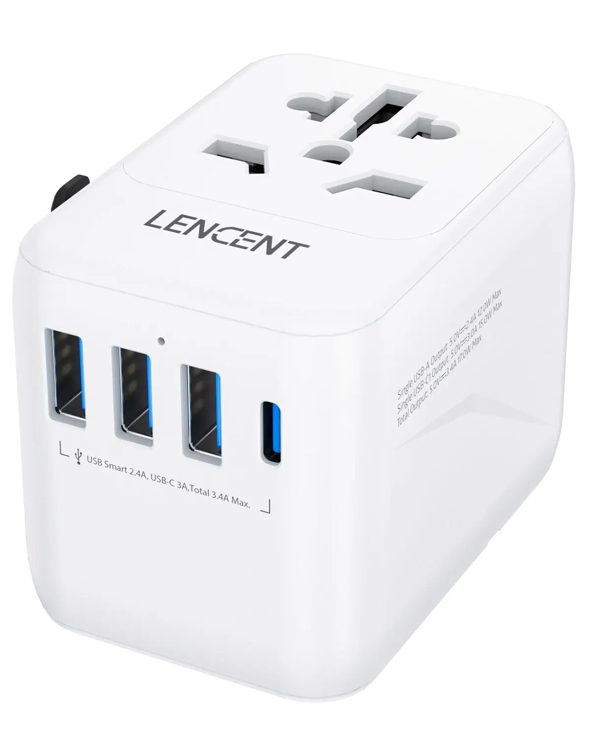LENCENT Universal Travel Adapter with 3 USB Ports & Type-C PD Charging - EU/UK/USA/AUS Plug, All-in-One Travel Charger