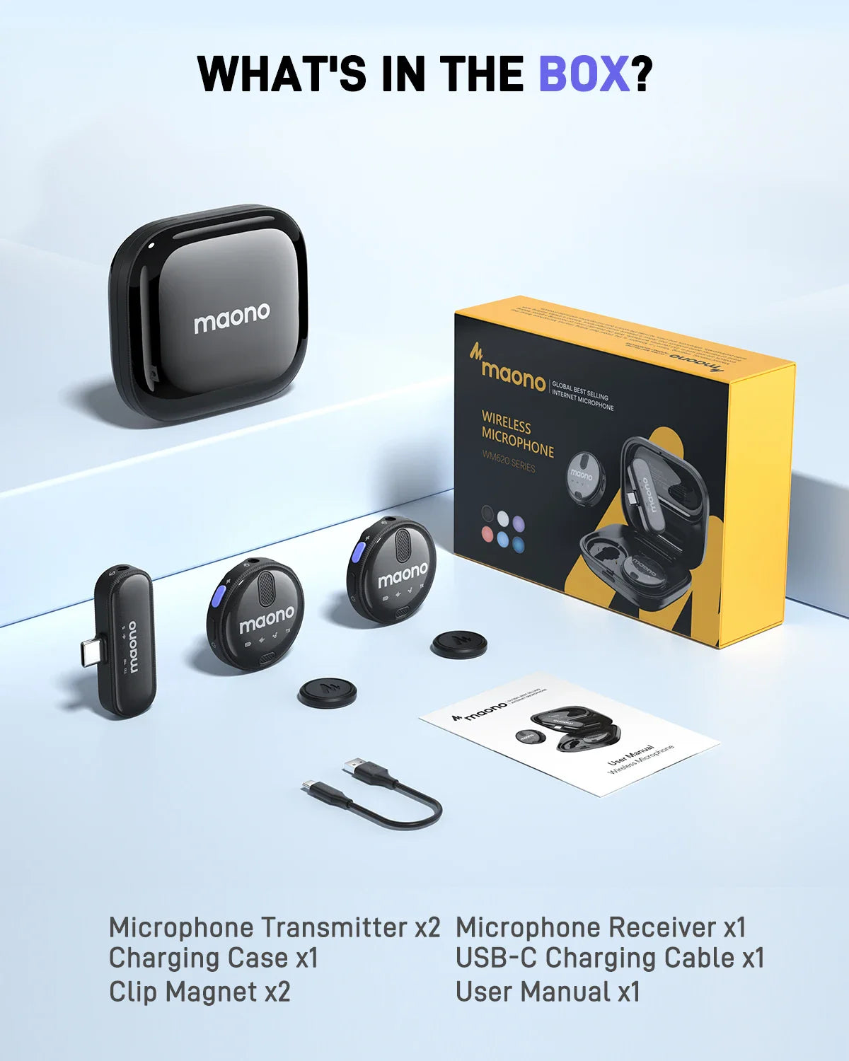 MAONO Wireless Lavalier Microphone with Noise Reduction - Lapel Mic for iPhone 15, Android, USB C - Perfect for TikTok, Streaming, Vlog - WM620 PC2