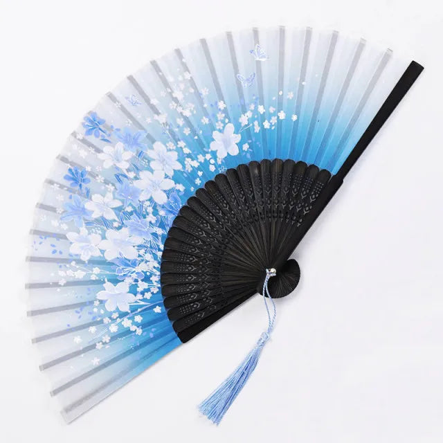 Bamboo Folding Fan with Silk — Chinese & Japanese Style Handheld Fan, Antique Art Craft for Summer Dance, Home Decor & Party
