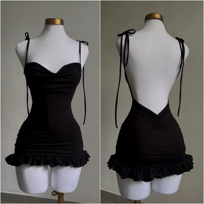 2024 European & American High-End Y2K Sexy Open Back Lace-Up Slim Fit Short Skirt - Spicy Girl Style