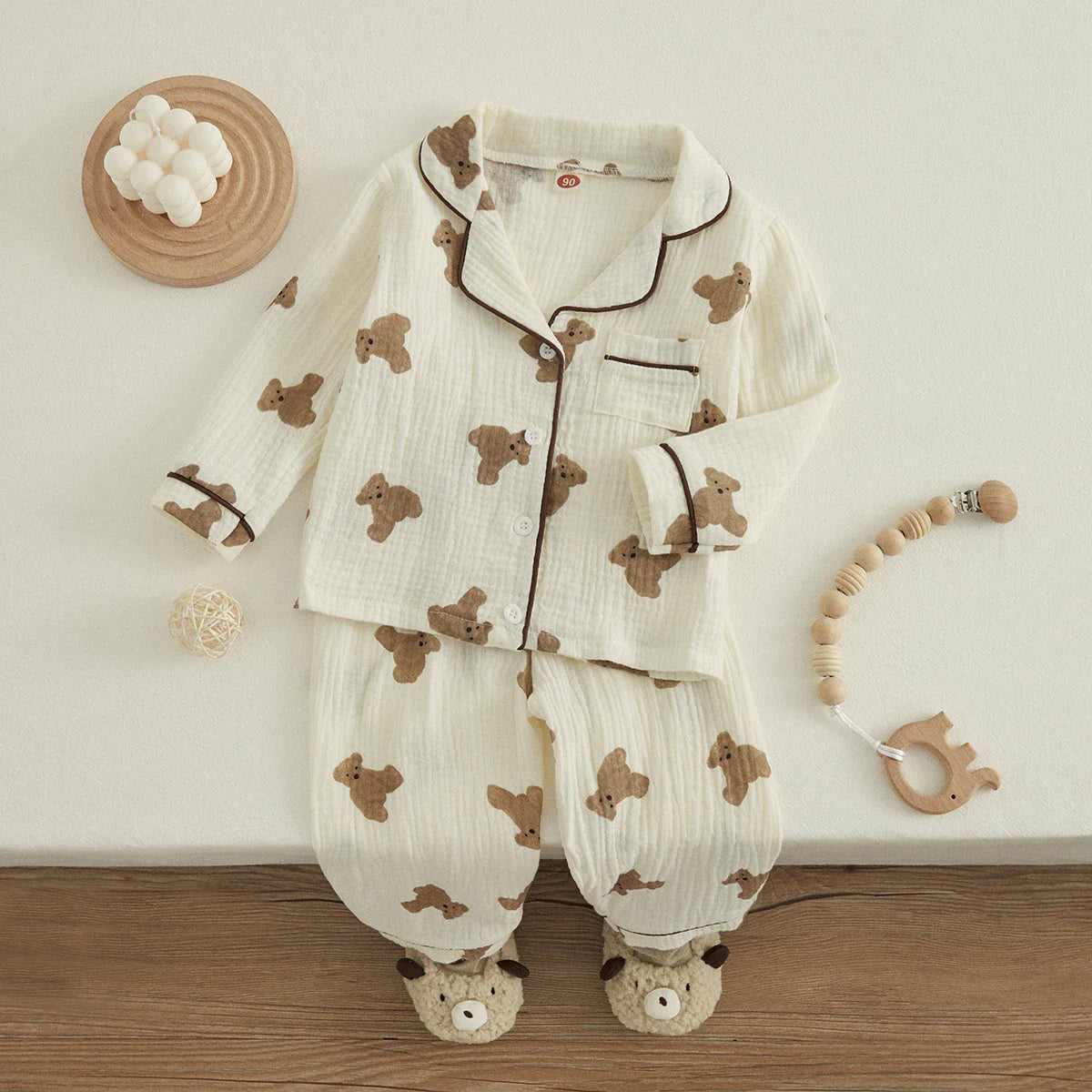 VISgogo Kids Unisex Cotton Linen Pajama Set - Bear Print Long Sleeve Top & Pants, Casual Spring Outfit