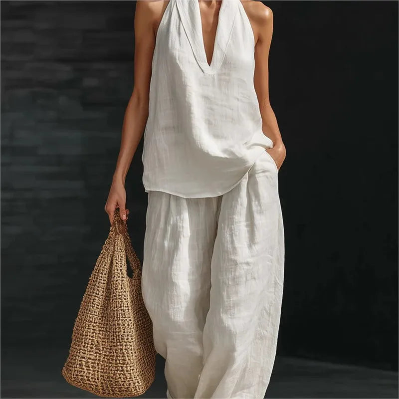 Women’s 2-Piece Summer Outfit – Halter Neck V-Neck Sleeveless Top & Loose Trousers Casual Matching Set