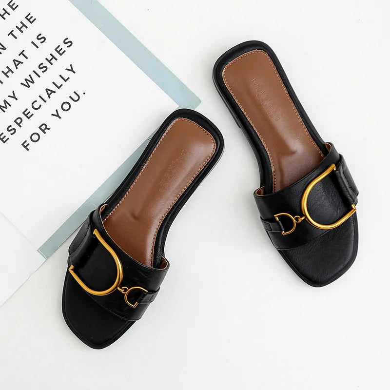 Women’s Flat Slippers — Summer Leather Square Toe Flats, Designer Slides & Luxury Sandals