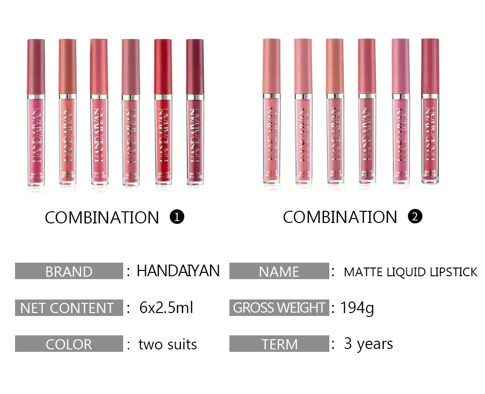 HANDAIYAN 6-Piece Matte Liquid Lipstick Set – Long-Lasting, Non-Stick Cup Lip Gloss Gift Box