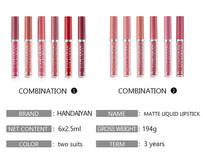 HANDAIYAN 6-Piece Matte Liquid Lipstick Set – Long-Lasting, Non-Stick Cup Lip Gloss Gift Box