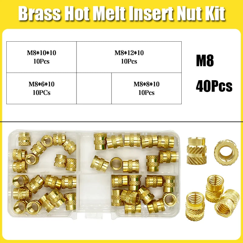 Brass Threaded Insert Nut Kit M2–M8 – Heat Set Knurled Copper Nuts for 3D Printing & Plastic Injection