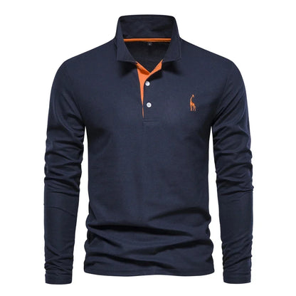 Men's Long Sleeve Embroidered Polo Shirt - Business Casual Solid Color Deer Design