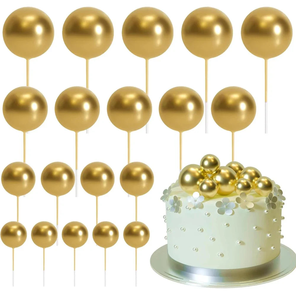 20Pcs Colorful Cake Topper Balls – Gold, Silver & Pastel DIY Cake Decorations for Birthday, Wedding & Party Supplies